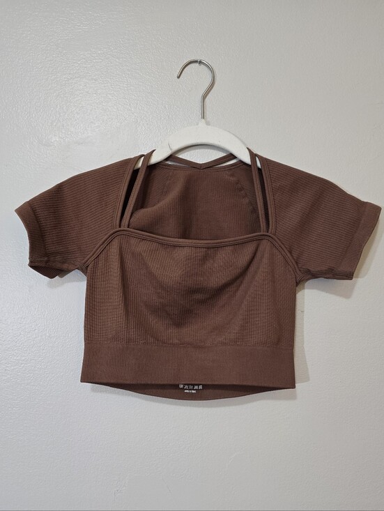 OQQ Tops - OQQ Brown Ribbed Short Sleeve Double-Strap Crop Top
